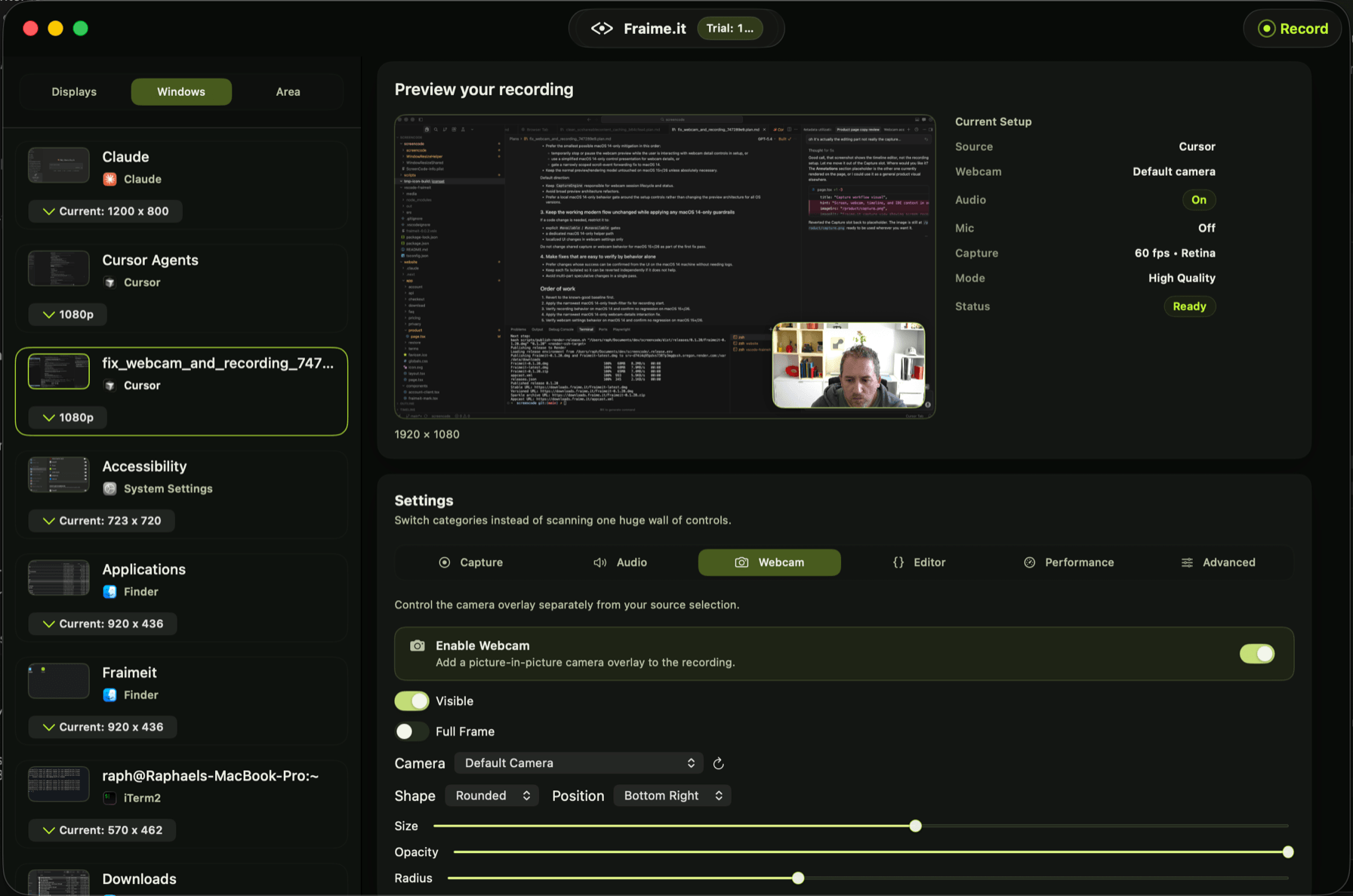 Fraime.it capture setup showing source selection, live preview with webcam overlay, and recording settings