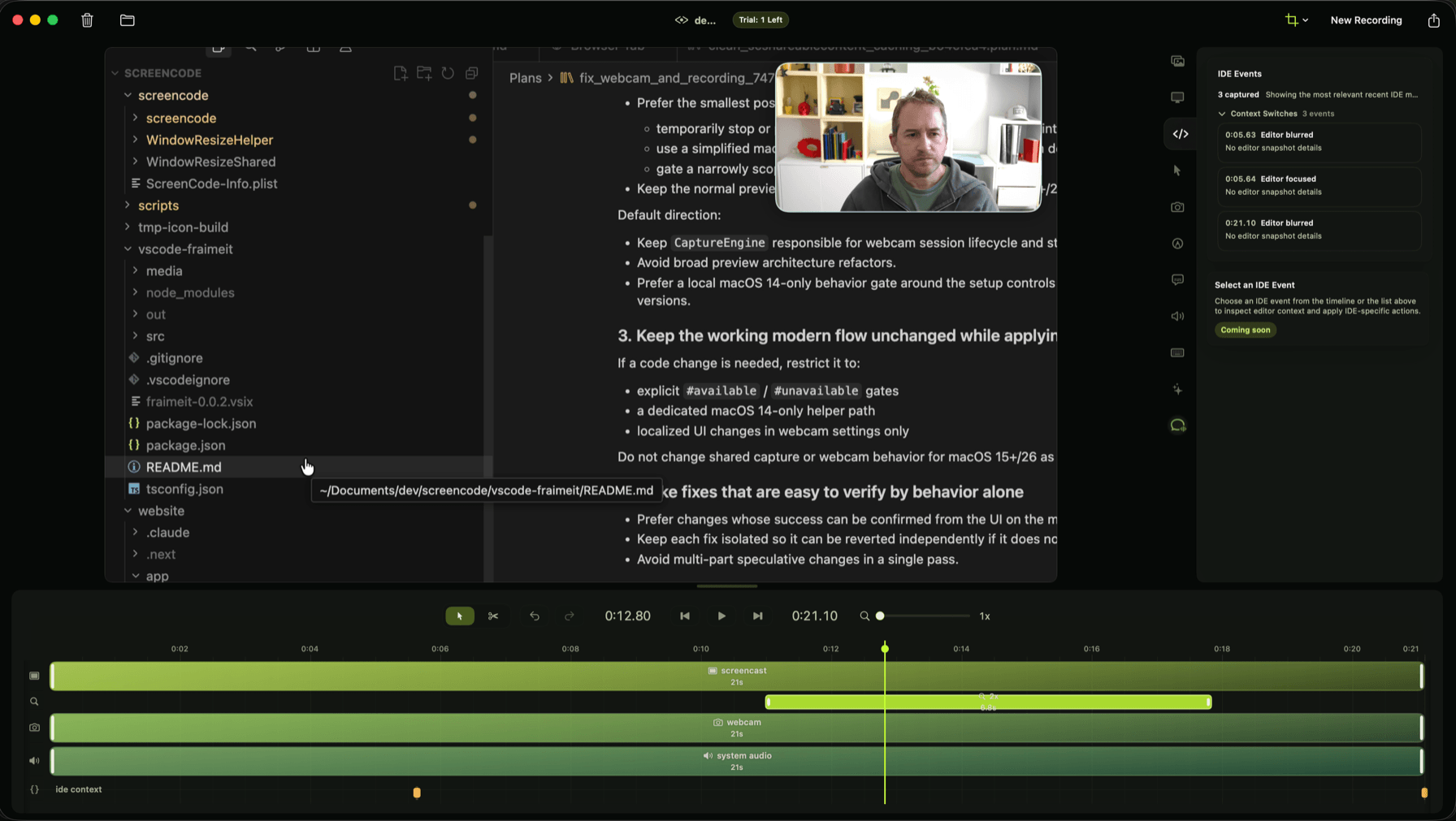 Fraime.it timeline editor with screen, webcam, and audio tracks alongside IDE context